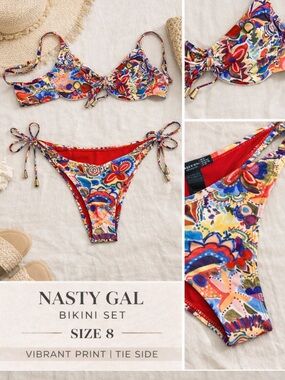 Nasty Gal Colorful Print Underwire Bikini Set Size 8 Tie Side Bottom